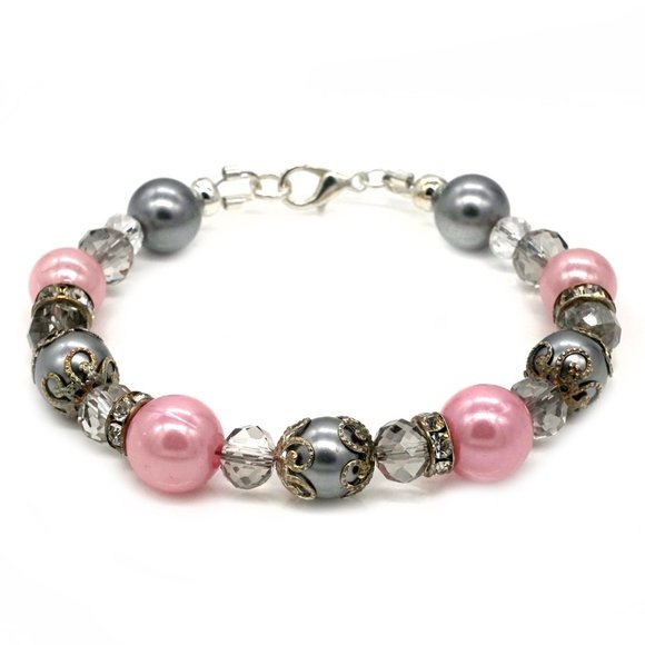 My Bead Emporium Jewelry - Custom bracelet with pink and gray pearl beads and lobster clasp.